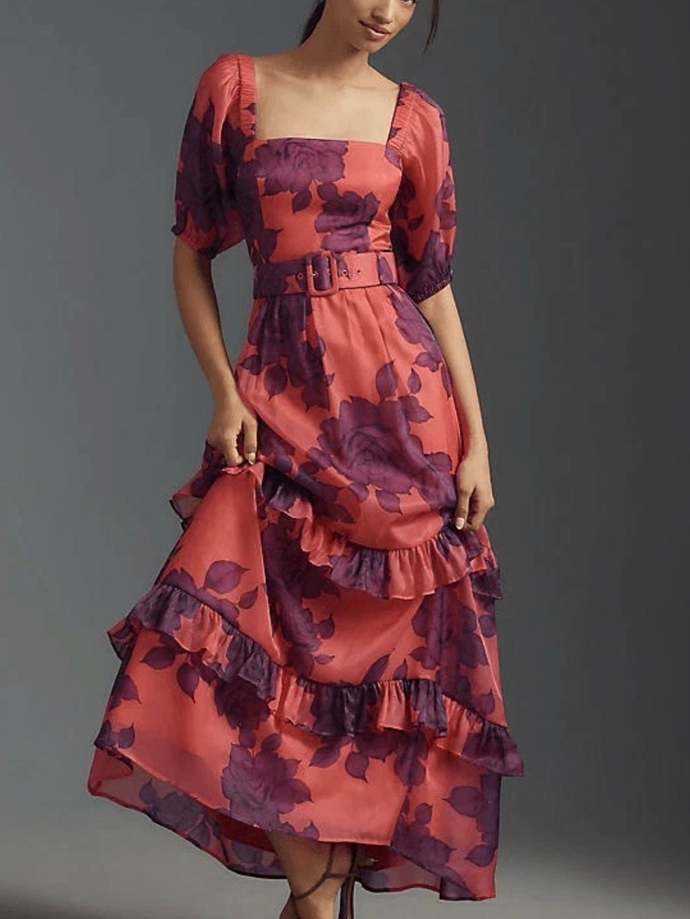 Floral Square-Neck Ruffle Maxi Dress in Coral and Plum hutch petite small nwt